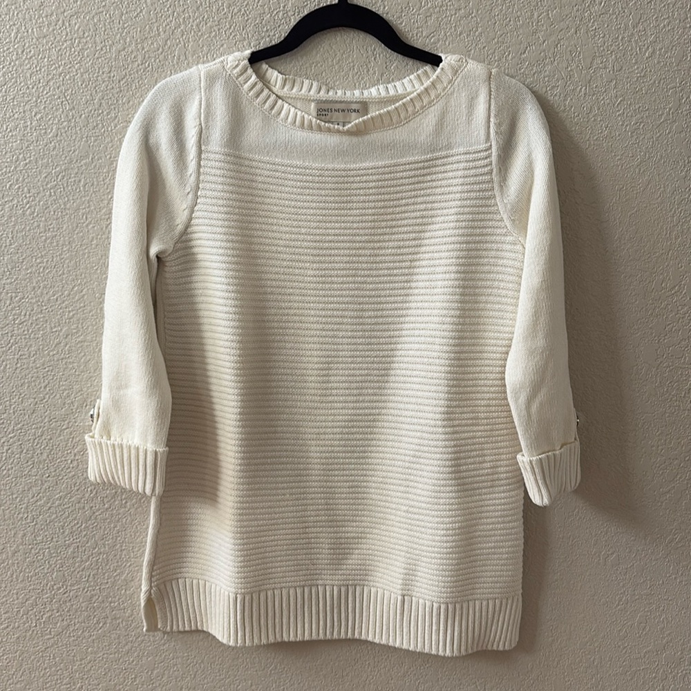 Cream, 3/4-sleeve, button detail cuff sleeve, round neck sweater. Small